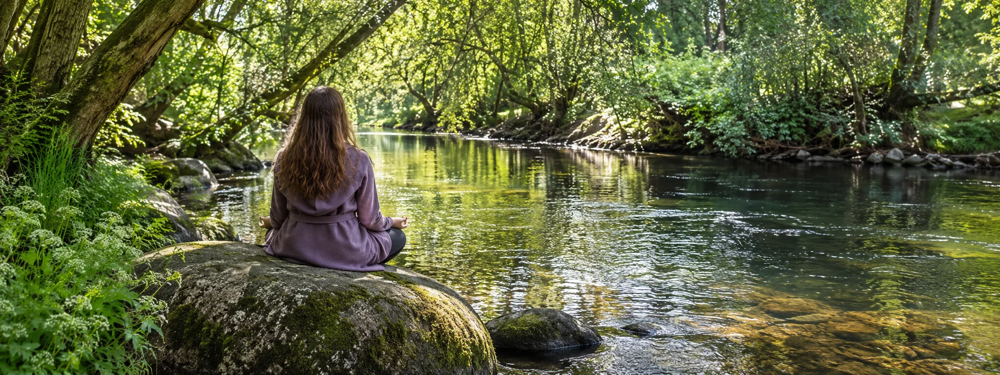 A woman sits beside a river in an alder wood