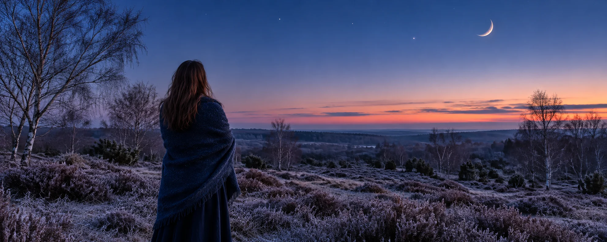 A woman stands on a frosty heath beneath a crescent moon