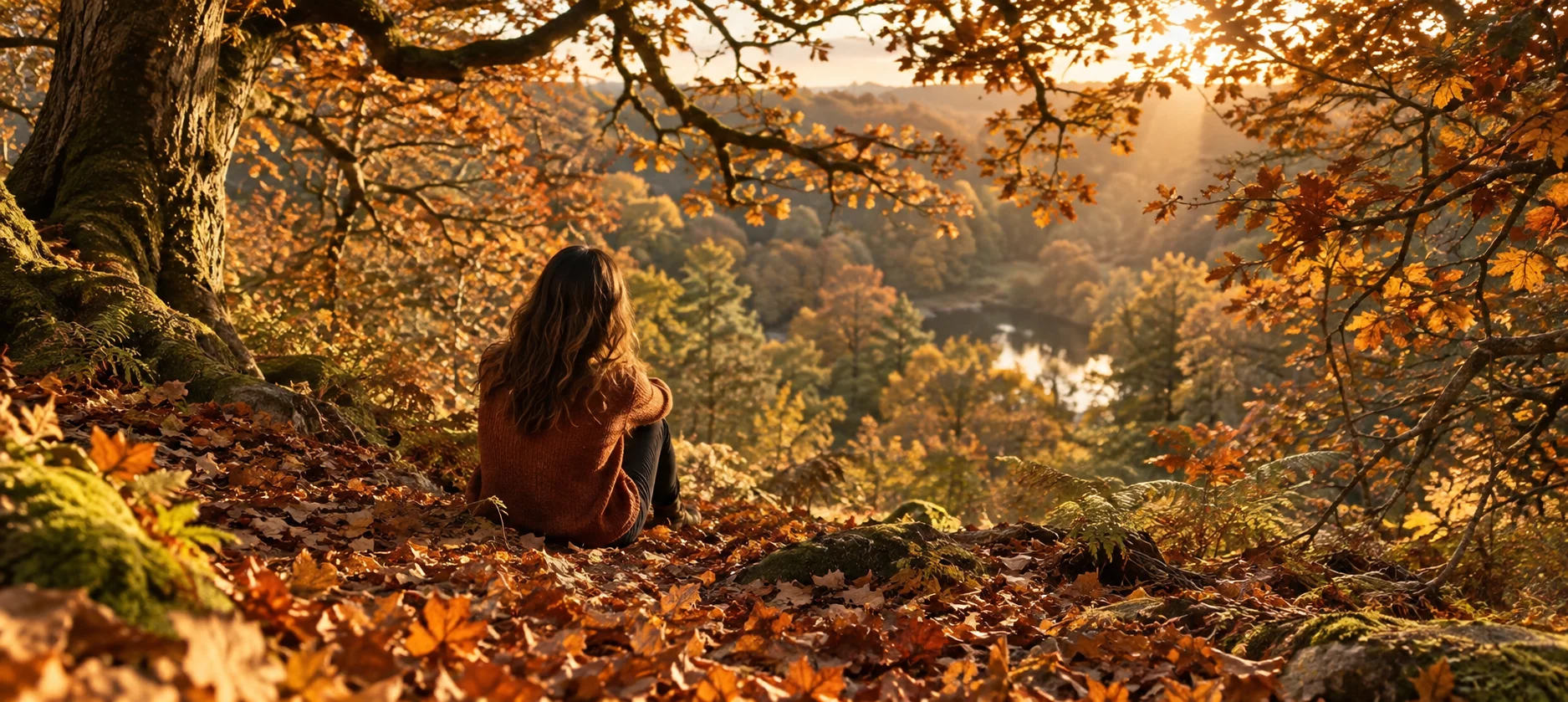 A woman sits beneath autumn oaks in quiet reflection
