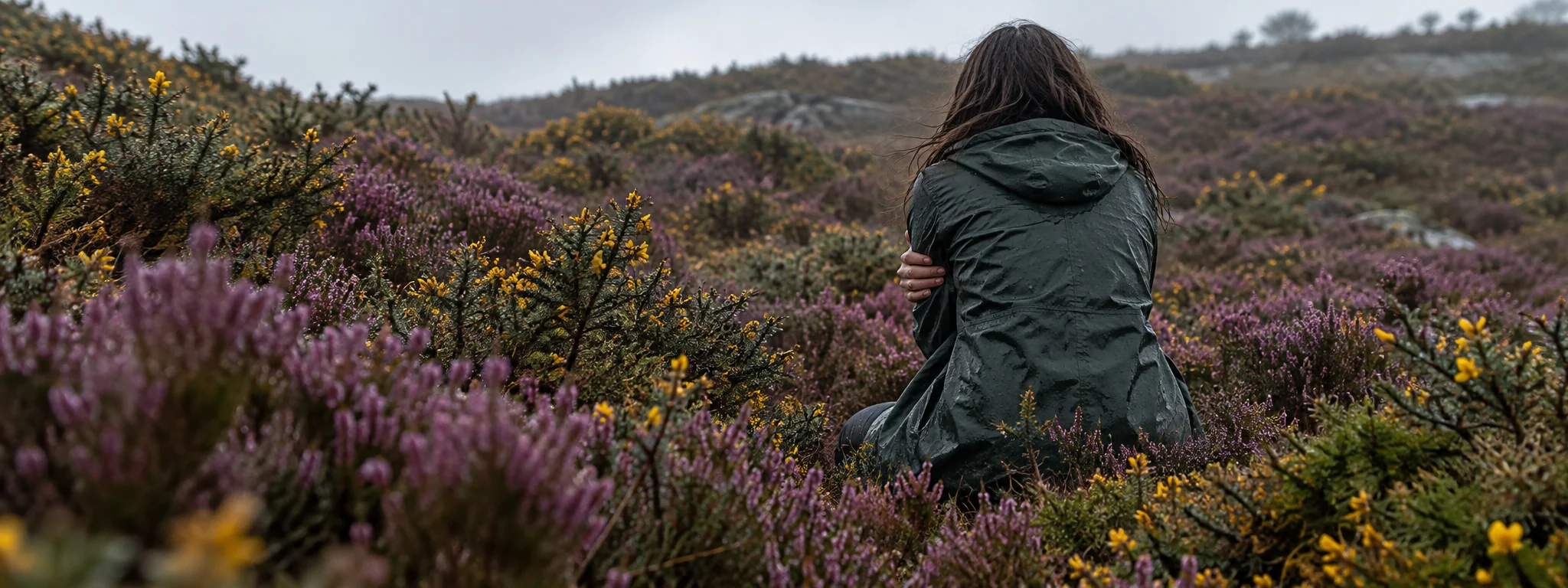 A woman kneels among rain-soaked heather
