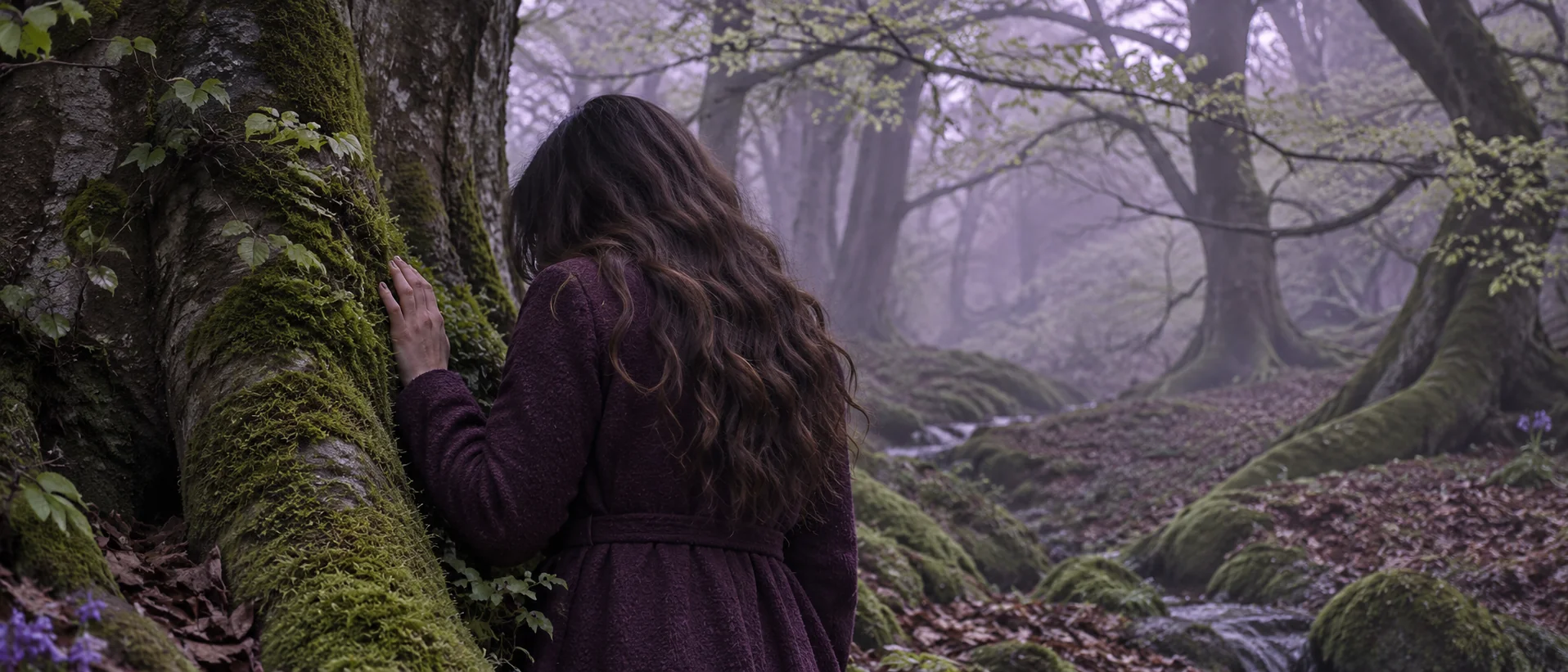 A woman touches a mossy tree in a misty woodland