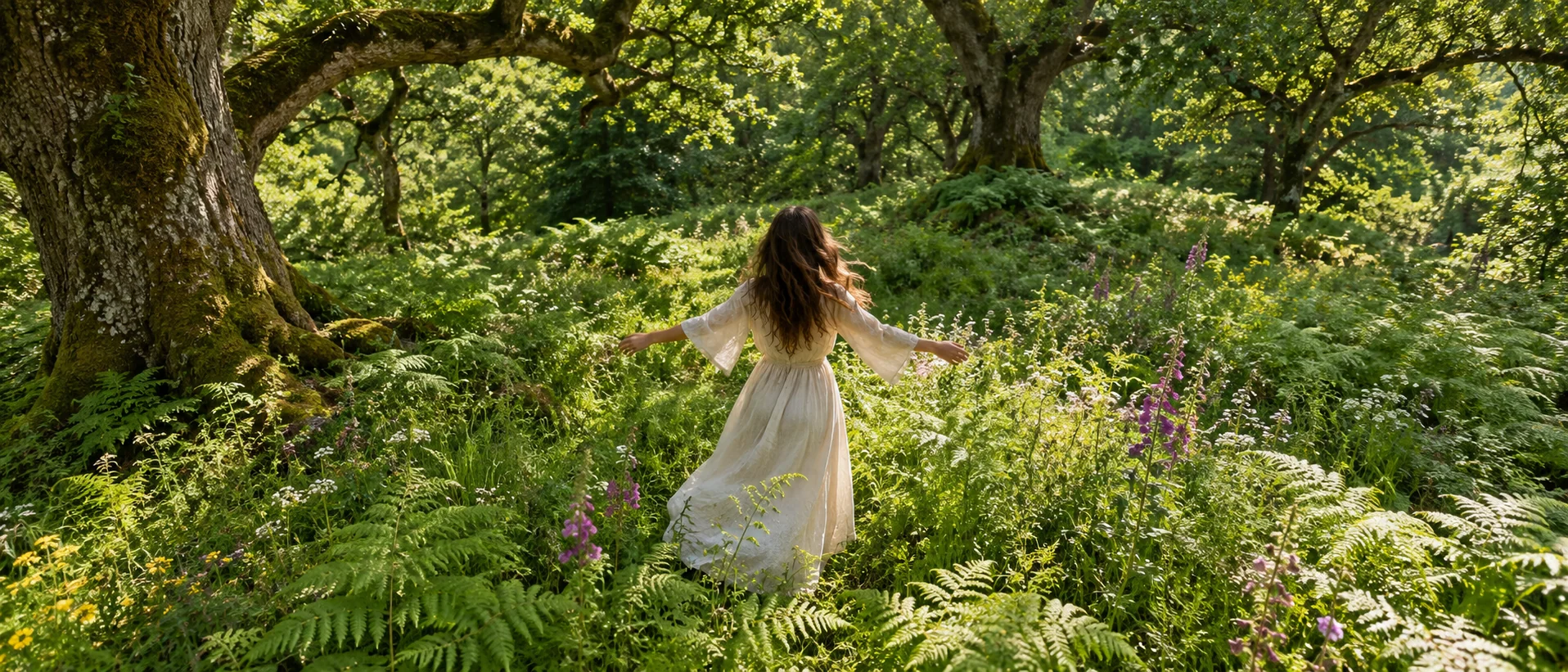 A woman opens her arms in a fern-filled oak clearing