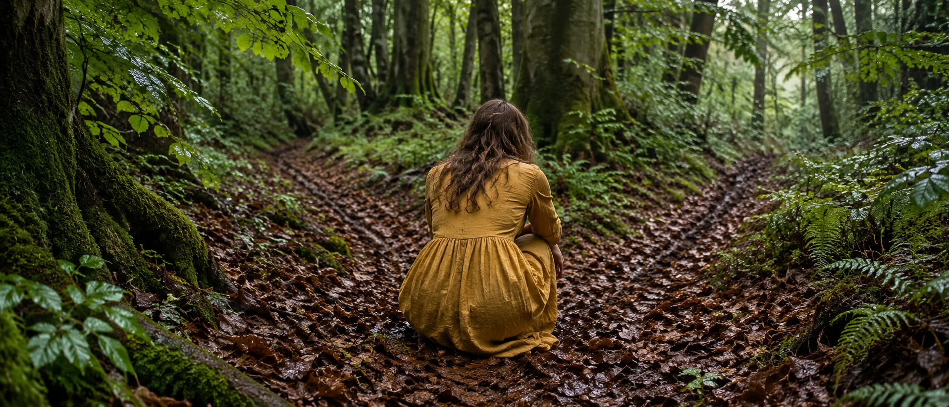 A woman pauses on the floor of a green woodland